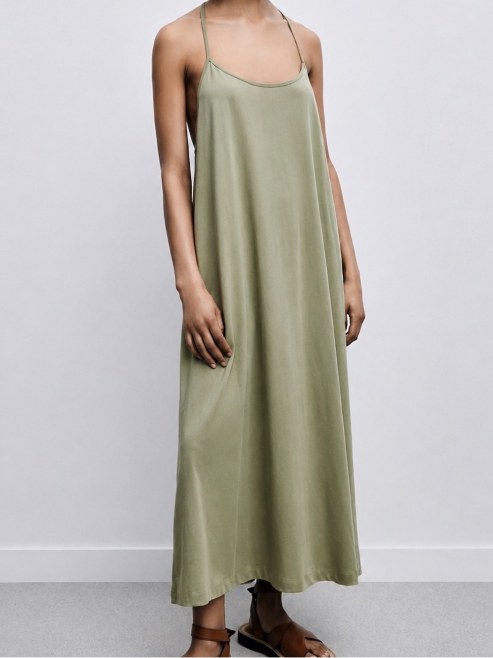 Zara Sage Green Racerback Midi Dress Size L Large Flowy Sleeveless Slip Dress